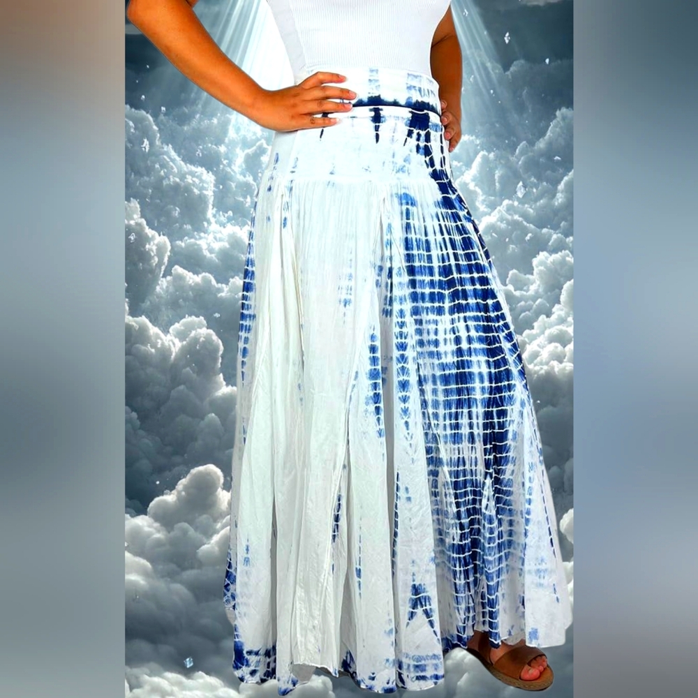Boho Blue and White Tie-Dye Maxi Skirt